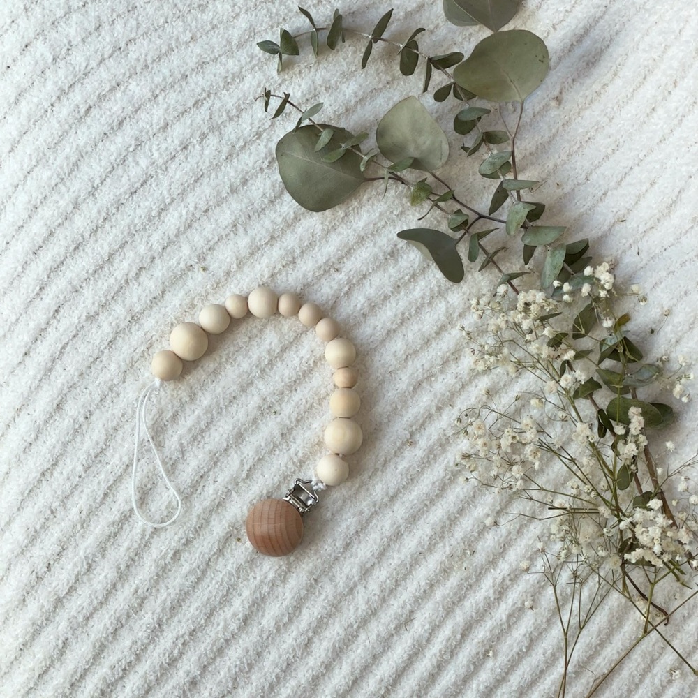 Neutral Silicone and Wood Bead Pacifier/Teether Clip